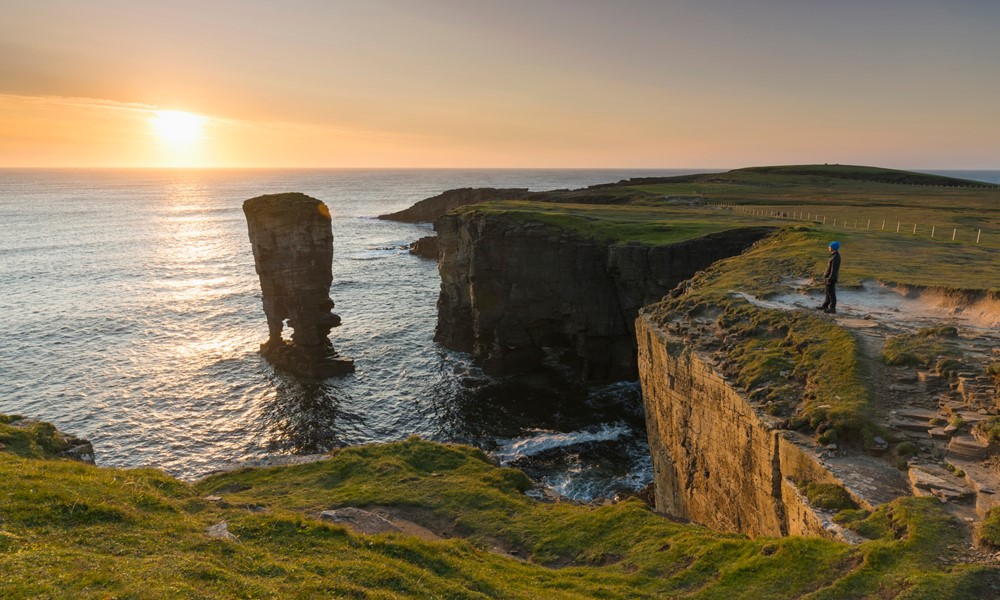 View of Yesnaby Castle sea stack on the west coast of Orkney