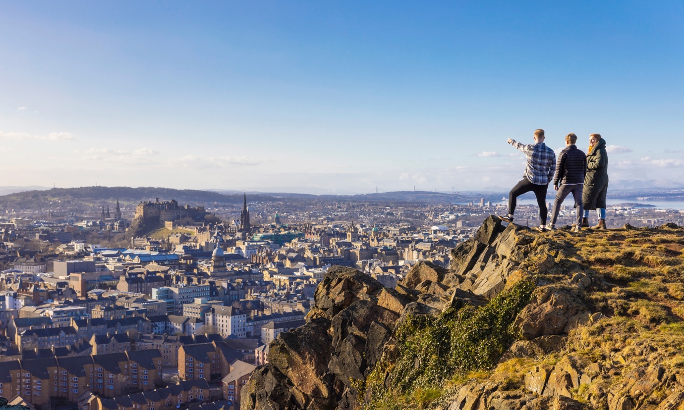 A group of friends on Salisbury Crags in Edinburgh