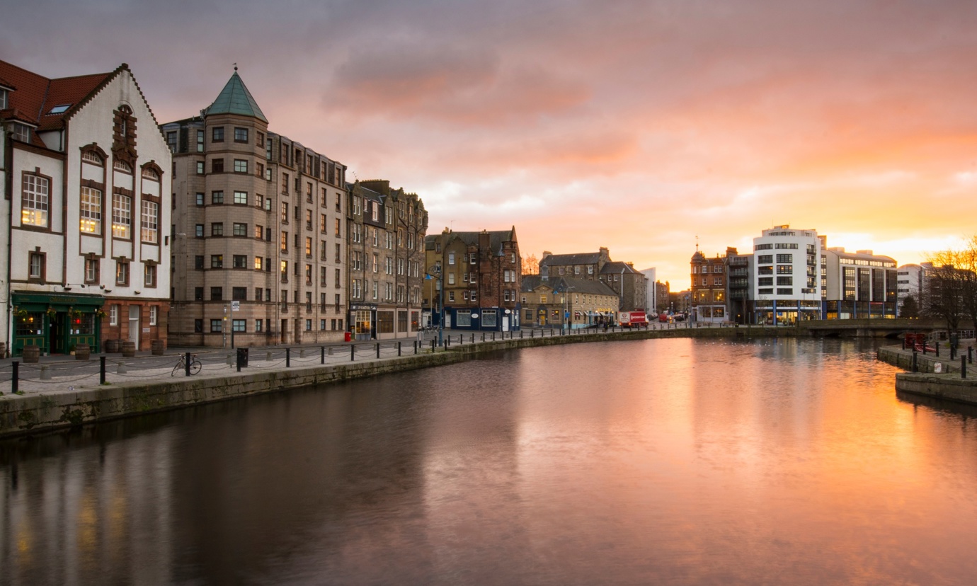 Sunset over the Water of Leith at Leith Shore